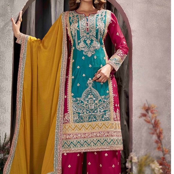 Wedding Party Wear Vibrant Pink Multicolor Mirror Embroidered Palazzo Suit - Picture 2 of 4